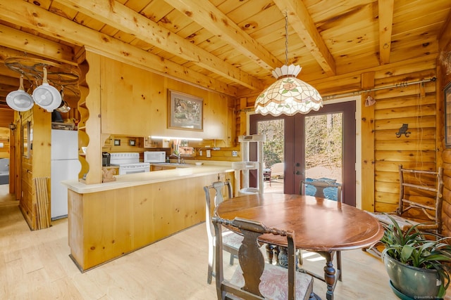 dining space featuring beam ceiling, wood ceiling, french doors, and light wood-type flooring