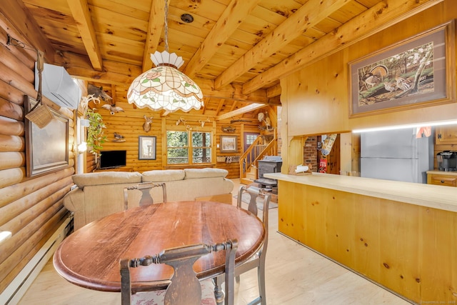 dining area featuring stairway, beamed ceiling, wooden ceiling, and a wall mounted air conditioner