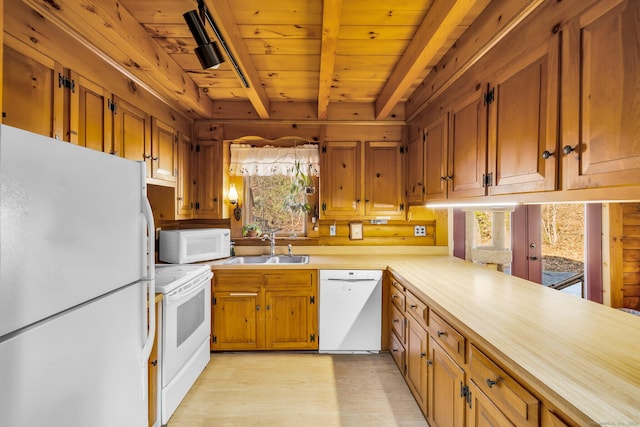 kitchen featuring white appliances, brown cabinetry, a sink, light countertops, and wooden ceiling