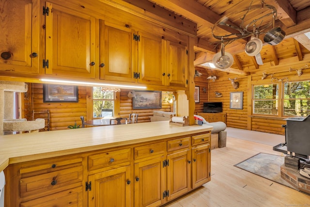 kitchen with lofted ceiling with beams, light wood-style flooring, wooden ceiling, open floor plan, and butcher block counters