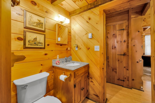 bathroom featuring wood walls, toilet, and vanity