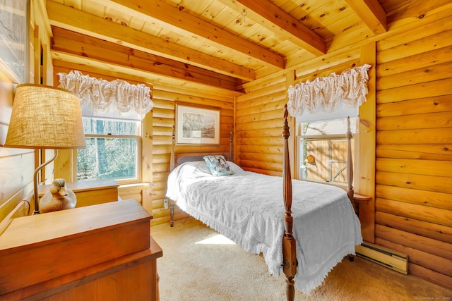 bedroom featuring wooden ceiling, beamed ceiling, carpet flooring, baseboard heating, and rustic walls