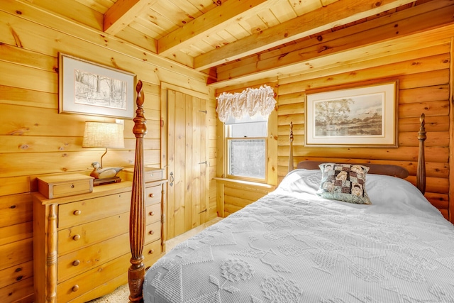 bedroom featuring rustic walls, beamed ceiling, and wooden ceiling