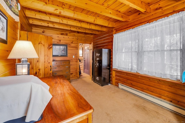 bedroom with beamed ceiling, baseboard heating, wood ceiling, and carpet flooring