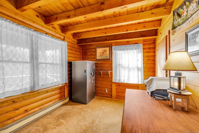 home office featuring beamed ceiling, light colored carpet, wood ceiling, and a baseboard radiator