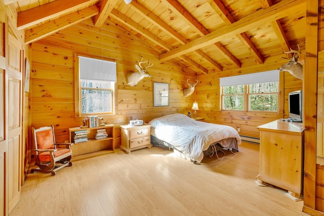 bedroom with light wood-style floors, baseboard heating, wood ceiling, and vaulted ceiling with beams