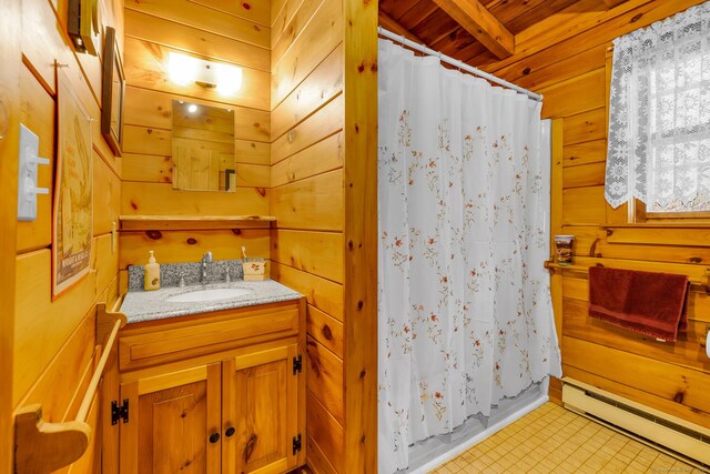 bathroom with wooden walls, a shower with shower curtain, wooden ceiling, vanity, and a baseboard radiator