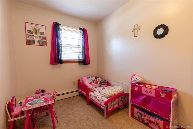 carpeted bedroom with a baseboard heating unit