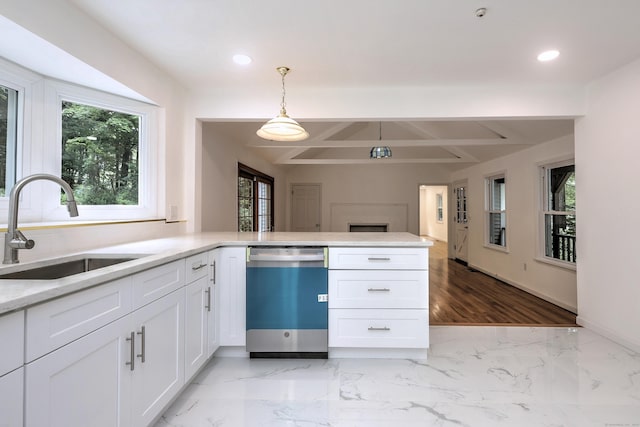 kitchen featuring a wealth of natural light, white cabinets, dishwasher, and a sink