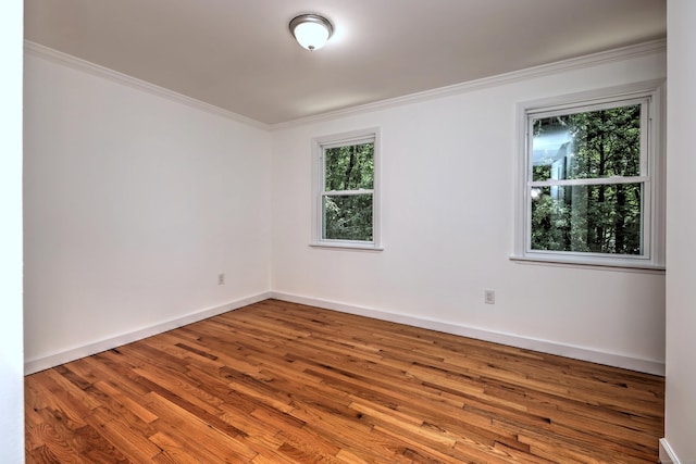 spare room with baseboards, wood finished floors, and crown molding