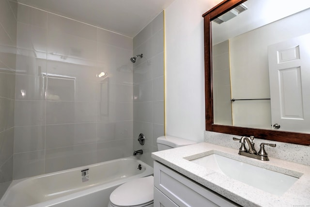 full bath with toilet, visible vents, tub / shower combination, and vanity