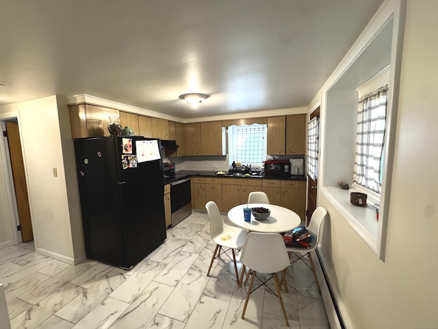 kitchen with baseboards, brown cabinetry, dark countertops, marble finish floor, and black appliances