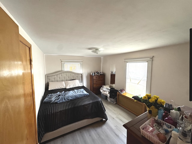 bedroom with radiator, light wood-style flooring, and multiple windows