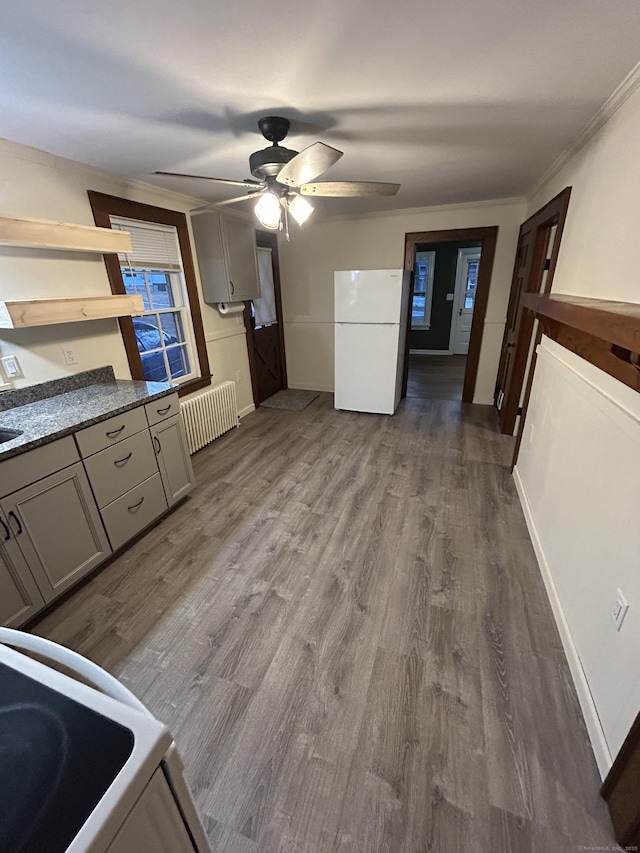 kitchen featuring radiator, dark wood-style floors, gray cabinetry, and freestanding refrigerator