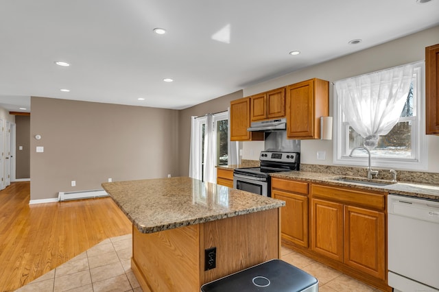 kitchen with under cabinet range hood, electric range, a sink, baseboard heating, and dishwasher