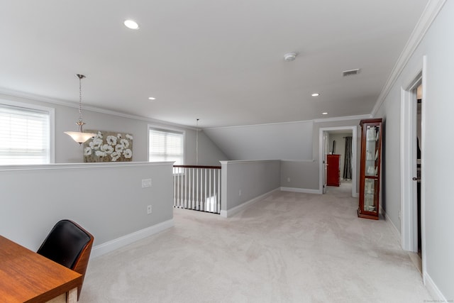 office space featuring light carpet, baseboards, visible vents, and ornamental molding