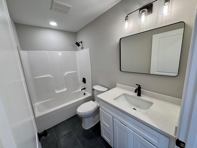 full bathroom with visible vents, toilet, vanity, shower / tub combination, and tile patterned floors