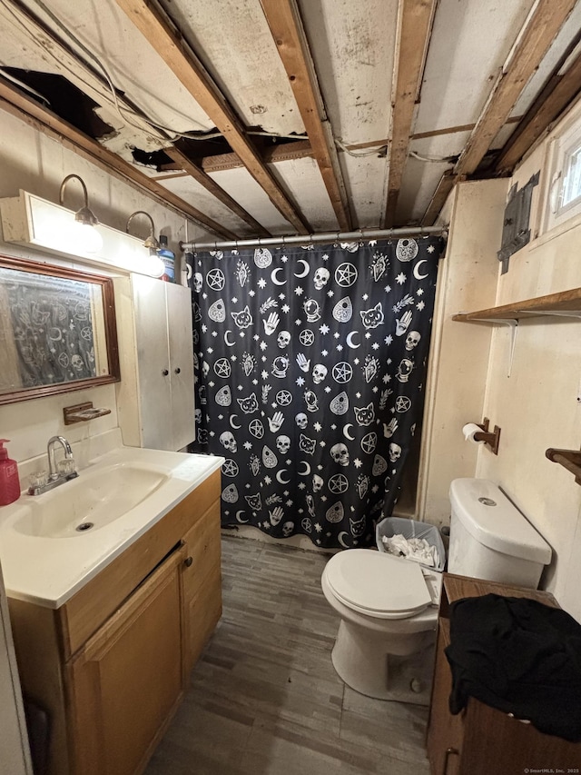 full bathroom featuring a shower with shower curtain, vanity, toilet, and wood finished floors