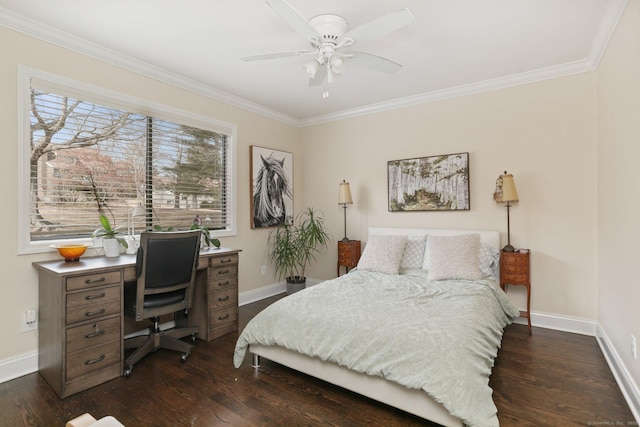 bedroom featuring dark wood-style floors, baseboards, and ornamental molding