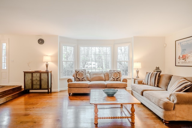 living area with baseboards and wood finished floors