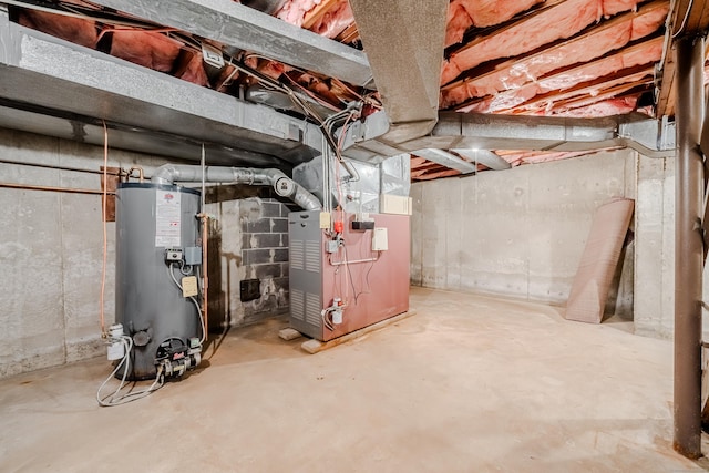 unfinished basement featuring water heater and heating unit