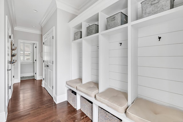 mudroom featuring ornamental molding, dark wood-type flooring, and baseboards