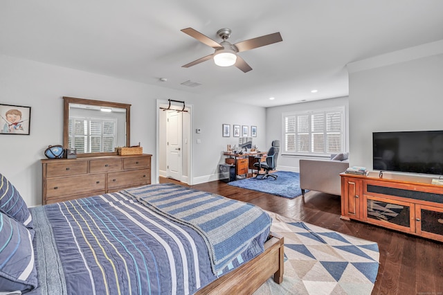 bedroom featuring recessed lighting, wood finished floors, a ceiling fan, visible vents, and baseboards