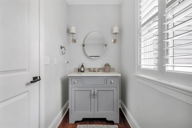 bathroom with vanity, baseboards, and wood finished floors