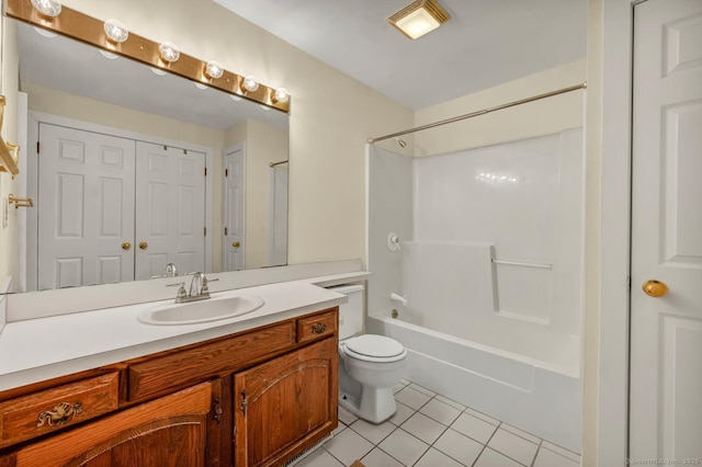 bathroom featuring shower / bathtub combination, toilet, vanity, and tile patterned flooring