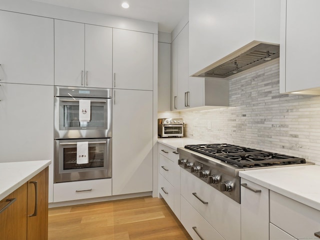 kitchen with light wood finished floors, tasteful backsplash, appliances with stainless steel finishes, custom exhaust hood, and light countertops