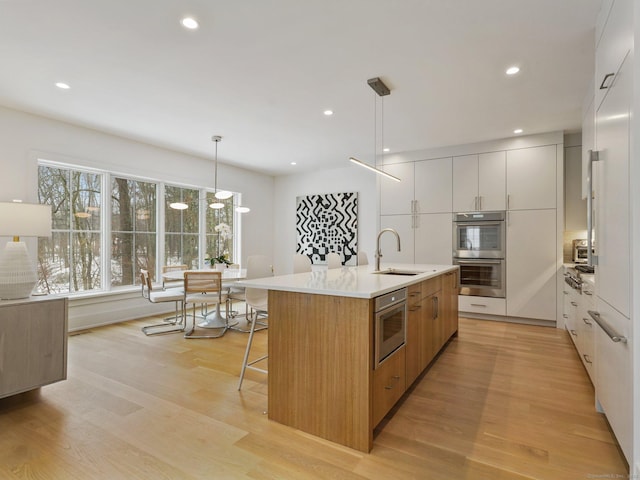 kitchen featuring a sink, light wood-style flooring, and modern cabinets