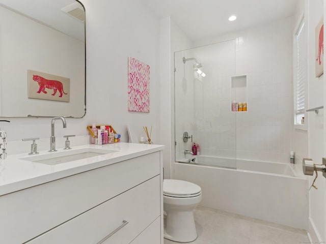 bathroom featuring toilet, recessed lighting, vanity, shower / bathing tub combination, and tile patterned floors