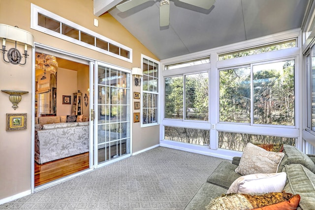 sunroom / solarium with vaulted ceiling with beams and ceiling fan