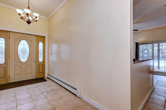 foyer featuring light tile patterned floors, baseboards, a chandelier, crown molding, and a baseboard heating unit