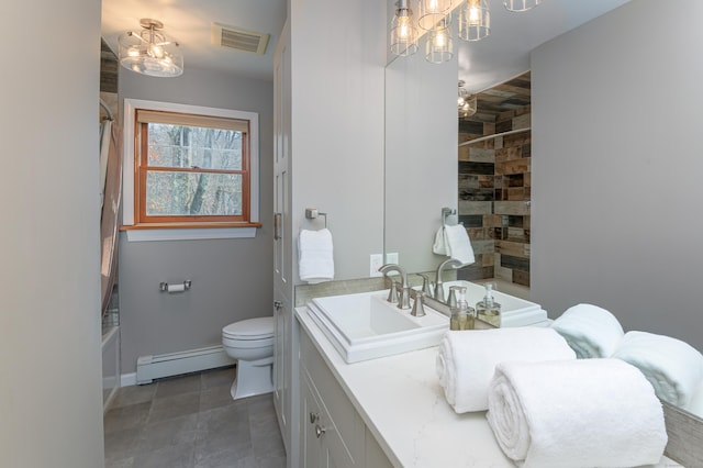 full bathroom featuring shower / tub combo with curtain, visible vents, toilet, a baseboard heating unit, and vanity