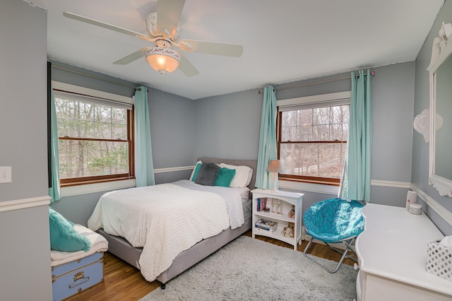 bedroom featuring ceiling fan, multiple windows, and wood finished floors