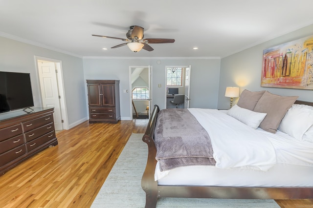 bedroom featuring recessed lighting, a ceiling fan, baseboards, light wood-type flooring, and crown molding