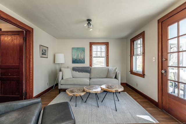 living room featuring baseboards and dark wood-type flooring