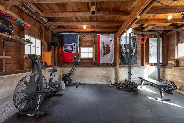 exercise area with wooden walls and a wealth of natural light