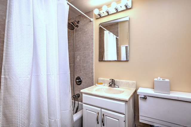 bathroom with shower / bathtub combination with curtain and vanity