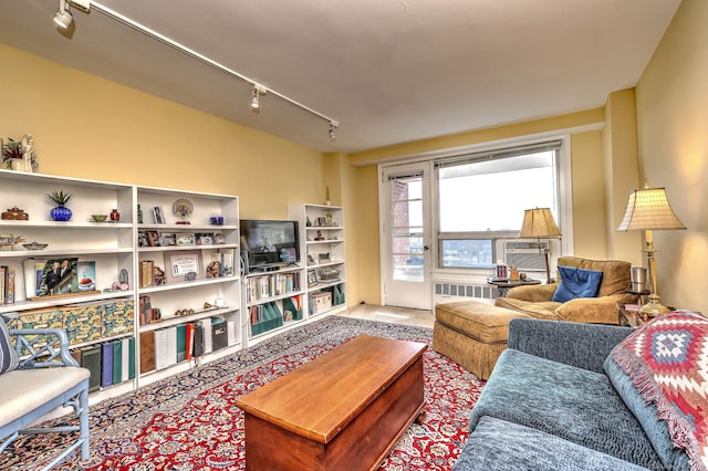 living room featuring track lighting