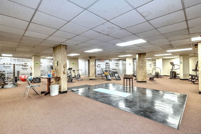 workout area featuring carpet and a drop ceiling