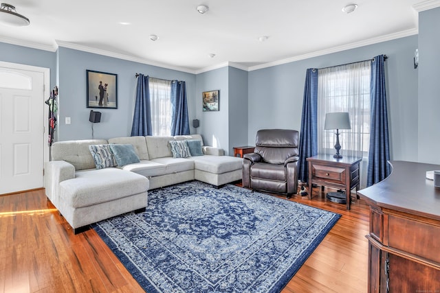 living room featuring light wood-type flooring and crown molding