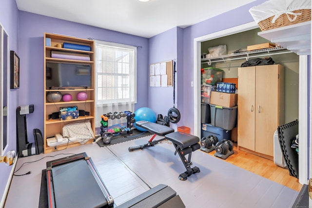 exercise room featuring wood finished floors