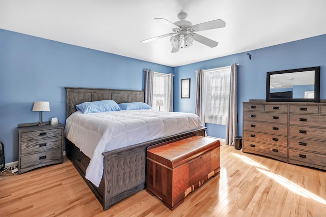 bedroom featuring light wood-style floors and a ceiling fan