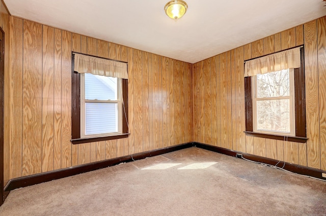 empty room with wooden walls and carpet floors