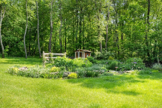 view of yard with a view of trees, a shed, and an outdoor structure