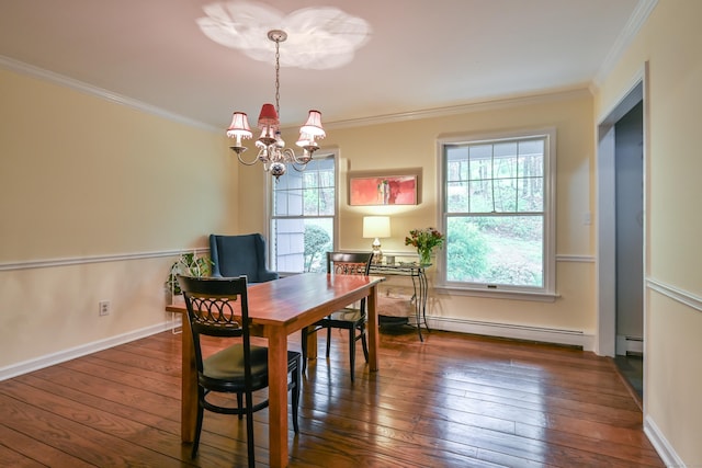 dining area featuring wood-type flooring, a notable chandelier, crown molding, a baseboard heating unit, and a baseboard radiator