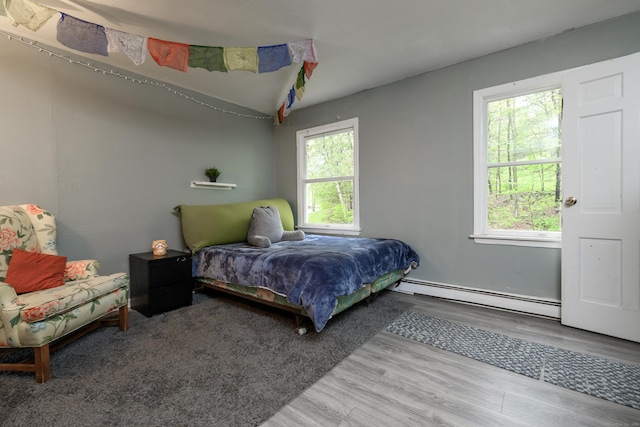 bedroom with wood finished floors, lofted ceiling, and a baseboard heating unit