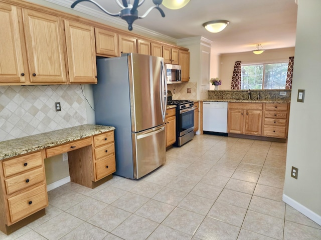 kitchen featuring a sink, stainless steel appliances, light tile patterned flooring, and decorative backsplash